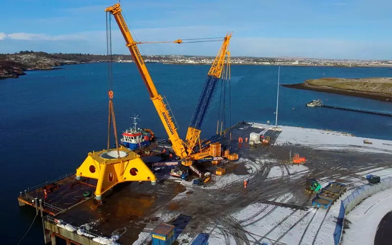 Arnish Yard, Isle of Lewis, transition pieces for the Beatrice Offshore Wind Farm being loaded out